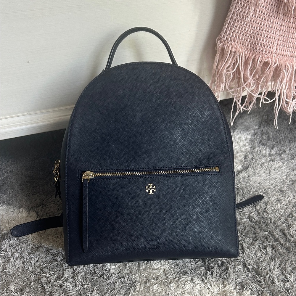 Tory Burch Navy Saffiano Leather Backpack with Gold Hardware
